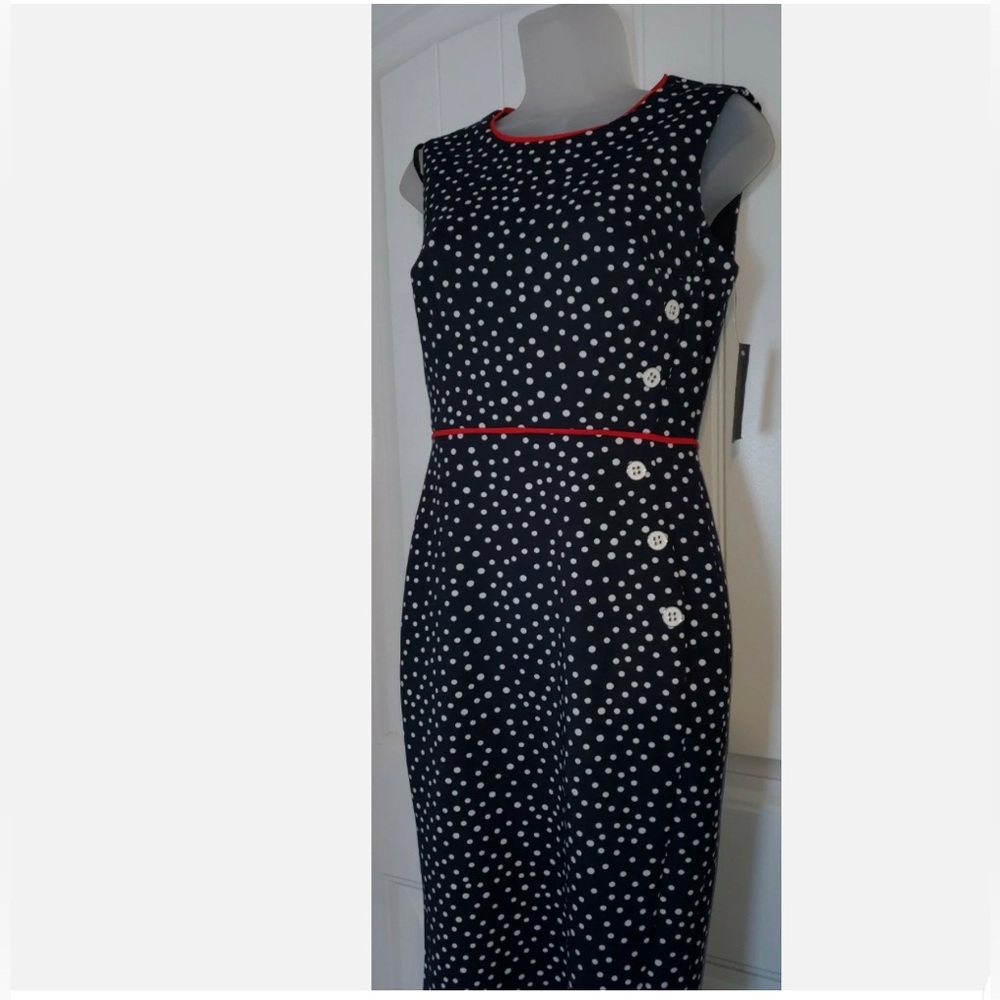 NWT Ladies Navy & White Polka Dot Pencil Dress w/Red Piping ADORABLE